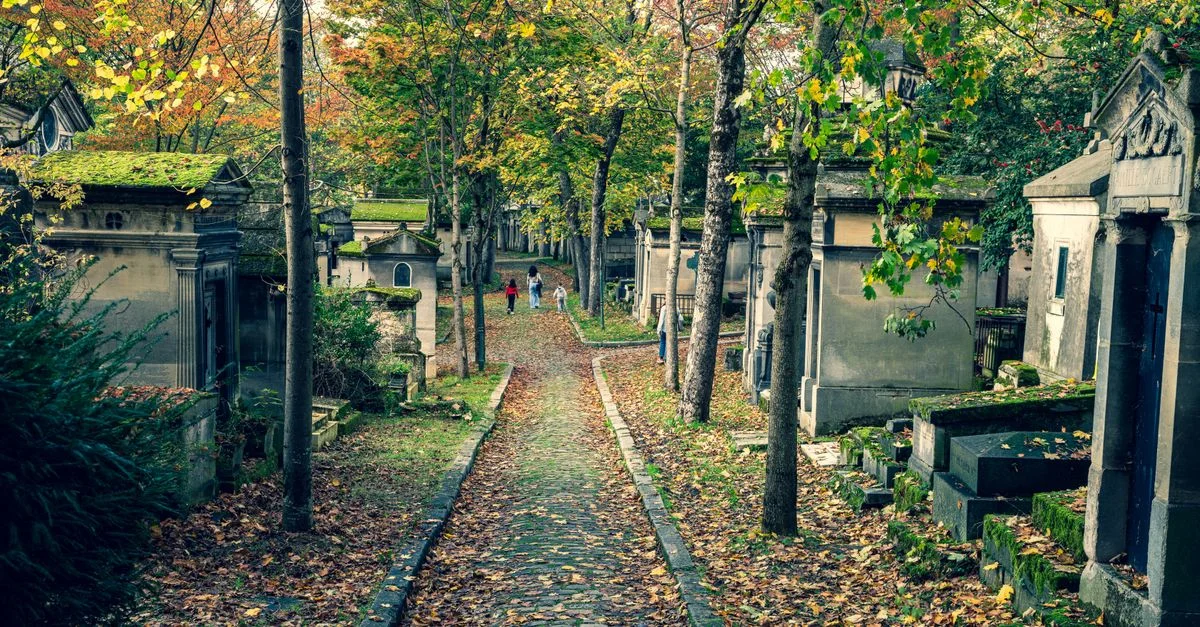 Vue automnale sereine dans un cimetière historique avec des personnes marchant sur un chemin bordé d'arbres.