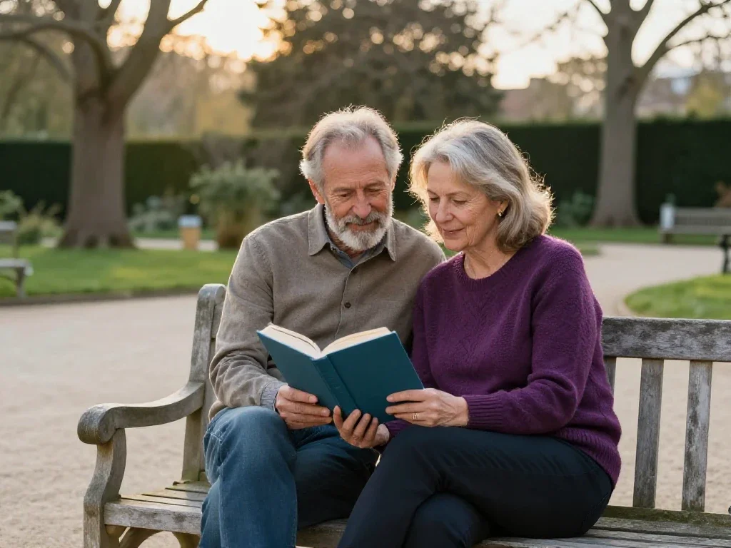Couple de seniors complices lisant au parc, illustrant la sérénité et la liberté de l'âge.