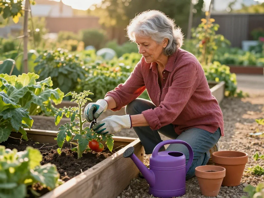 Femme épanouie jardinant avec soin, illustrant l'indépendance et le plaisir de vivre chez soi.
