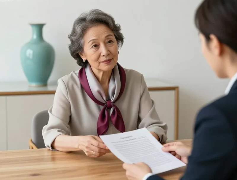Une femme senior échange sereinement avec un conseiller pour planifier son avenir avec assurance.