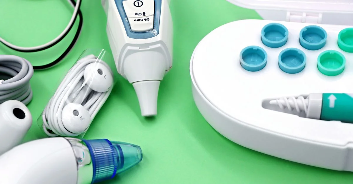 Une variété de dispositifs pour le soin des oreilles, y compris des écouteurs, des instruments médicaux et des outils de nettoyage.