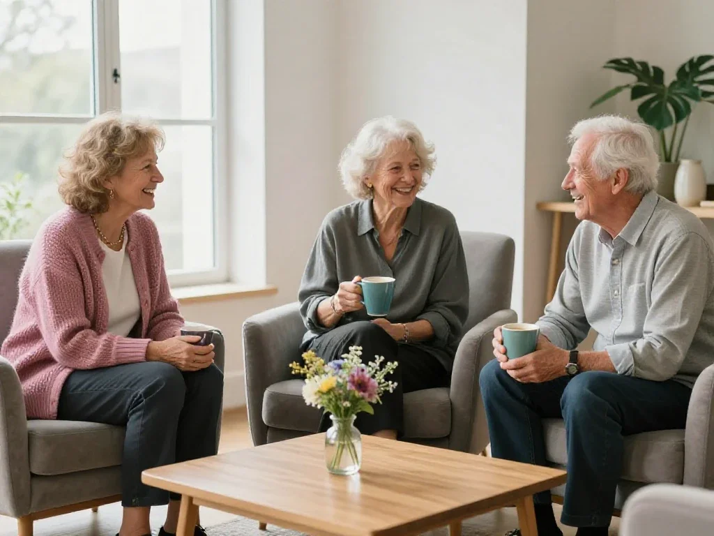 Seniors discutant autour d'un café dans un salon chaleureux, illustrant le lien social et l'autonomie.
