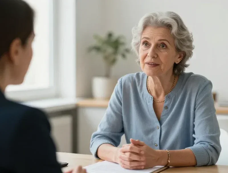 Une femme européenne d'âge mûr discute avec assurance avec un conseiller dans un bureau lumineux pour son avenir.